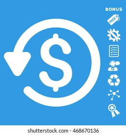 Refund icon with bonus pictograms. Vector illustration style is flat iconic symbols, white color, blue background, rounded angles.