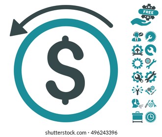 Refund icon with bonus tools pictogram. Vector illustration style is flat iconic bicolor symbols, soft blue colors, white background.