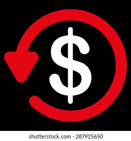 Refund icon from Business Bicolor Set. This flat vector symbol uses red and white colors, rounded angles, and isolated on a black background.