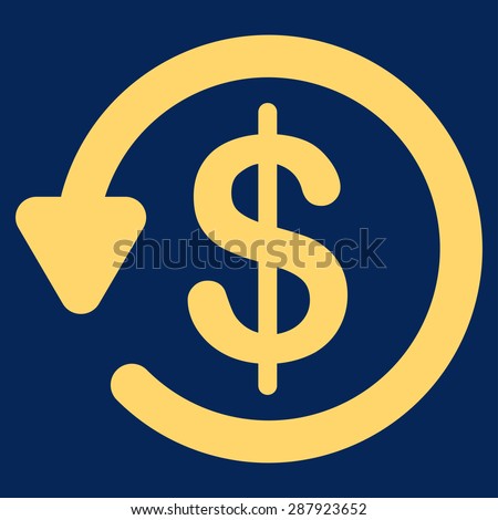 Refund icon from Business Bicolor Set. This flat vector symbol uses yellow color, rounded angles, and isolated on a blue background.