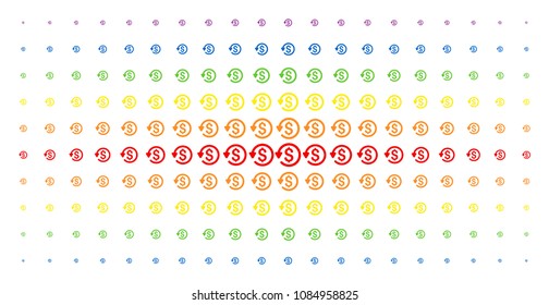 Refund icon rainbow colored halftone pattern. Vector refund items are arranged into halftone grid with vertical rainbow colors gradient. Constructed for backgrounds, covers,