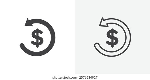 Refund icon set in black flat solid and outlined style.