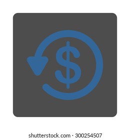 Refund icon. This flat rounded square button uses cobalt and gray colors and isolated on a white background.