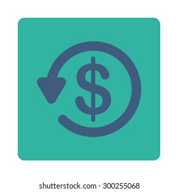 Refund icon. This flat rounded square button uses cobalt and cyan colors and isolated on a white background.