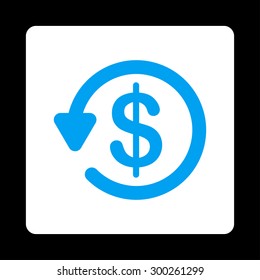Refund icon. This flat rounded square button uses blue and white colors and isolated on a black background.