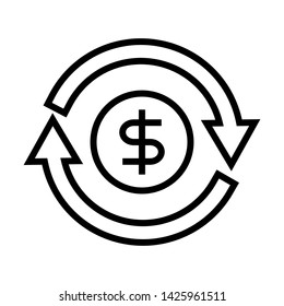 Refund money icon. Arrows with dollar coin place on center position. Simple design. Line vector. Isolate on white background.