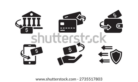 Refund and money return icons for payments billing and transactions