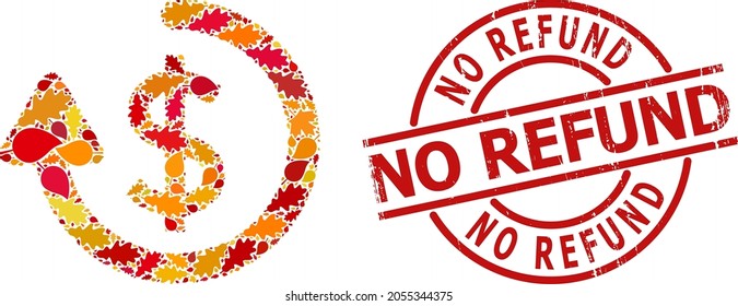 Refund mosaic icon done for fall season, and No Refund textured stamp seal. Vector refund mosaic is organized with random fall maple and oak leaves.