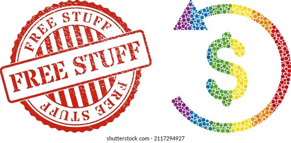 Refund mosaic icon of filled circles in variable sizes and rainbow colored color hues. Red round distress seal with Free Stuff caption. A dotted LGBT- colored refund for lesbians, gays, bisexuals,