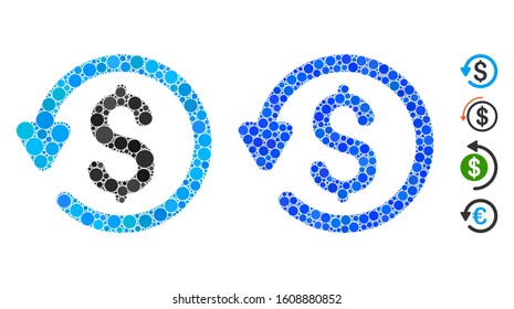 Refund mosaic of round dots in various sizes and color tinges, based on refund icon. Vector dots are composed into blue collage. Dotted refund icon in usual and blue versions.