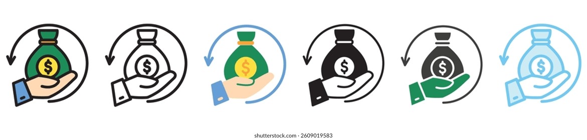 Refund multi style, mini illustration icon set. outline, flat, glyph, line color, UI, UX, app and web, digital or print. vector EPS 10 related to payment service, economy, ecommerce, market