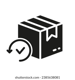 Símbolo de paquete de reembolso. Marque y devuelva el icono de silueta de paquete. Pictograma de glifo de paquete de pedido de envío. Caja de entrega con flecha y signo sólido marca de verificación. Ilustración de vectores aislados.