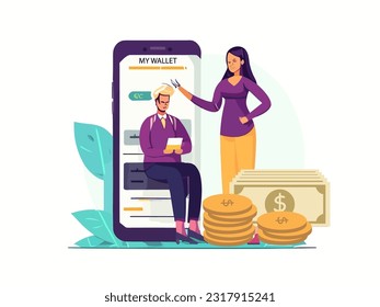 Refund payment money transfer system online concept. into application Internet banking via two smartphone, globe transaction worldwide, copy space, 3d rendering illustration cartoon minima