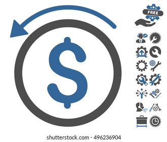 Refund pictograph with bonus tools design elements. Vector illustration style is flat iconic bicolor symbols, cobalt and gray colors, white background.