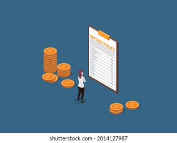 Refund Policy isometric vector concept. Businesswoman looking at Refund Policy document