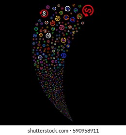 Refund random fireworks stream. Vector illustration style is flat bright multicolored iconic symbols on a black background. Object fountain organized from scattered pictograms.