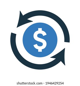 Refund, revert, back payment icon. Rounded blue color vector.