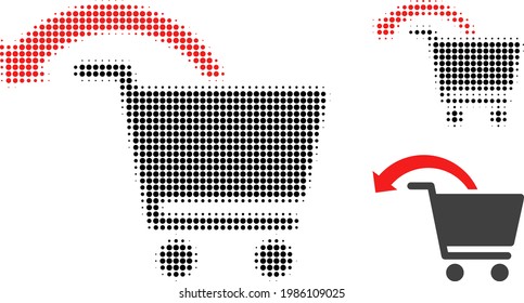 Refund shopping order halftone dotted icon. Halftone pattern contains round pixels. Vector illustration of refund shopping order icon on a white background.