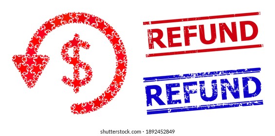 Refund star pattern and grunge Refund seal stamps. Red and blue stamps with distress style and Refund word. Abstract refund composition is constructed with random flat star items.