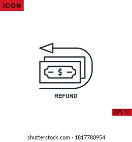 Refund Vektorsymbol auf weißem Hintergrund. Illustrations-Zeilensymbol für Grafik, Printmedien-Schnittstellen und Webdesign.
