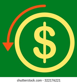 Refund vector icon. Style is bicolor flat symbol, orange and yellow colors, rounded angles, green background.