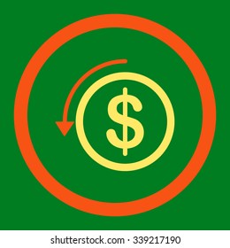 Refund vector icon. Style is bicolor flat rounded symbol, orange and yellow colors, rounded angles, green background.