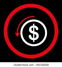 Refund vector icon. Style is bicolor flat rounded symbol, red and white colors, rounded angles, black background.