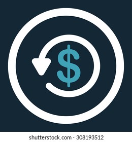 Refund vector icon. This flat rounded symbol uses blue and white colors and isolated on a dark blue background.