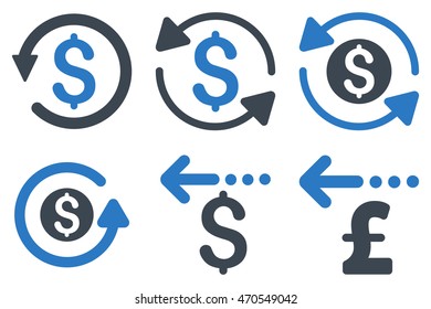 Refund vector icons. Icon style is bicolor smooth blue flat symbols with rounded angles on a white background.