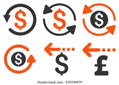 Refund vector icons. Pictogram style is bicolor orange and gray flat icons with rounded angles on a white background.