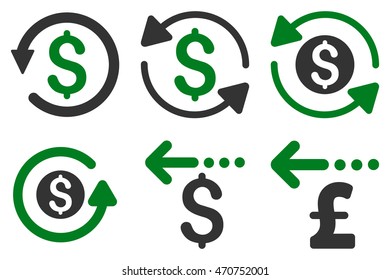 Refund vector icons. Pictogram style is bicolor green and gray flat icons with rounded angles on a white background.