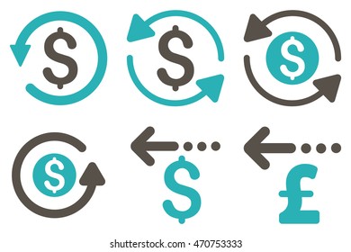 Refund vector icons. Pictogram style is bicolor grey and cyan flat icons with rounded angles on a white background.