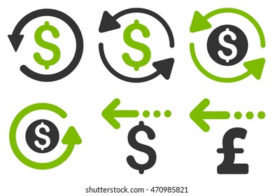 Refund vector icons. Pictogram style is bicolor eco green and gray flat icons with rounded angles on a white background.