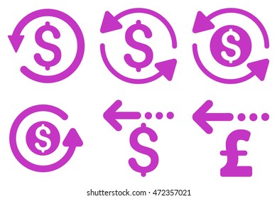 Refund vector icons. Pictogram style is violet flat icons with rounded angles on a white background.