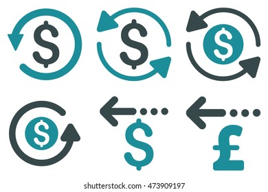 Refund vector icons. Pictogram style is bicolor soft blue flat icons with rounded angles on a white background.