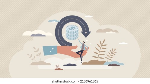 Refunds as cashback or receive money back after spending tiny person concept. Financial fee return and economical interest collection vector illustration. Benefits and bonus after credit card purchase