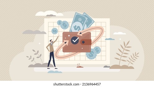 Refunds payment and money cashback after purchase tiny person concept. Finance return after dollar spending as benefits for buying with credit card vector illustration. Cash back, convert or exchange.