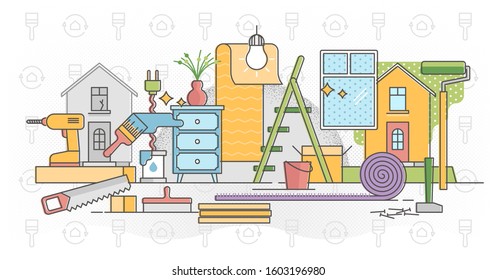 Refurbish home process vector illustration in flat colorful outline concept. House development with repair and maintenance work. Building interior stage with wall painting and furniture planning.