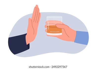 Refusal from alcohol is demonstrated by man hand, near glass of whiskey or liqueur, which causes intoxication and addiction. Person says stop alcohol beverages trying to stop drinking cognac