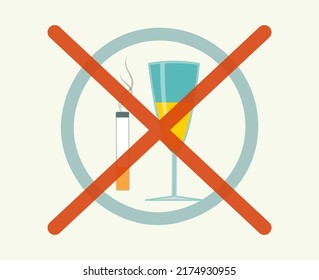 Negativa al alcohol y al tabaco. Deja de fumar y bebe bebidas alcohólicas. No hay malos hábitos. Ilustración vectorial de concepto. Cartel prohibido para vino y cigarrillos. Estilo plano.