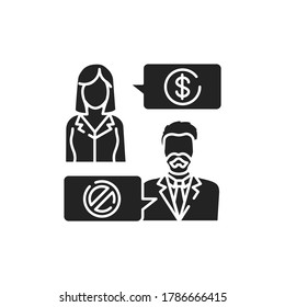 Negativa a un icono negro de glifo sobornado. El soborno de empresas y el concepto de corrupción de retorno. Firma para página web, aplicación móvil, botón, logotipo. Botón aislado del vector.