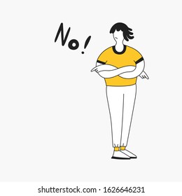 Refusal, cartoon man with folded arms refuse everything. A large No inscription is nearby. Flat thin line vector illustration.