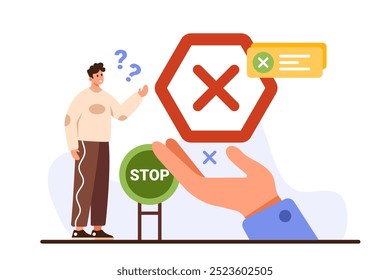 Denegación de comunicación, signo prohibido para la acción. Hombre pequeño con signo de interrogación y sorpresa de la prohibición, mano gigante que muestra señales de advertencia de cruz y parada, Ilustración vectorial de dibujos animados de Mensaje de error