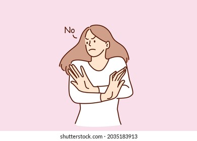 Refusal, denying and forbidding concept. Young displeased woman cartoon character standing crossing hands and showing refuse with no word vector illustration 