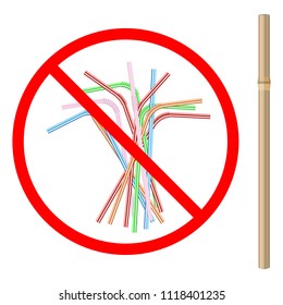 refusal of disposable plastic drinking straw in favor of reusable bamboo drinking straw, stop sign on white background, ban plastic drinking straw, stock vector illustration