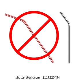 refusal of disposable plastic drinking straw in favor of reusable metallic drinking straw, stop sign on white background, ban plastic drinking straw, stock vector illustration