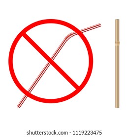 refusal of disposable plastic drinking straw in favor of reusable bamboo drinking straw, stop sign on white background, ban plastic drinking straw, stock vector illustration