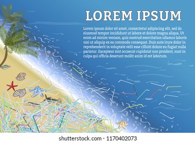The refusal of disposable plastic drinking straws. The problems with chemical wastes disposal. Stop plastic pollution on sea, vector illustration.The concept of ecology and the World Cleanup Day.