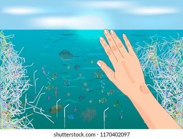 The refusal of disposable plastic drinking straws. The problems with chemical wastes disposal. Stop plastic pollution on sea, vector illustration.The concept of ecology and the World Cleanup Day.