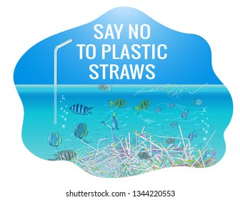 The refusal of disposable plastic drinking straws. The problems with chemical wastes disposal. Vector hand drawn illustration. Concept of Recycles Day, National Reuse Day,World Cleanup Day and ecology